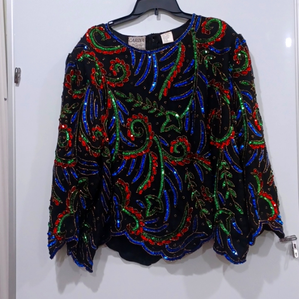 Carina by Barry Lee Vintage 3XL Sequin Studded Silk Scalloped Hem Top